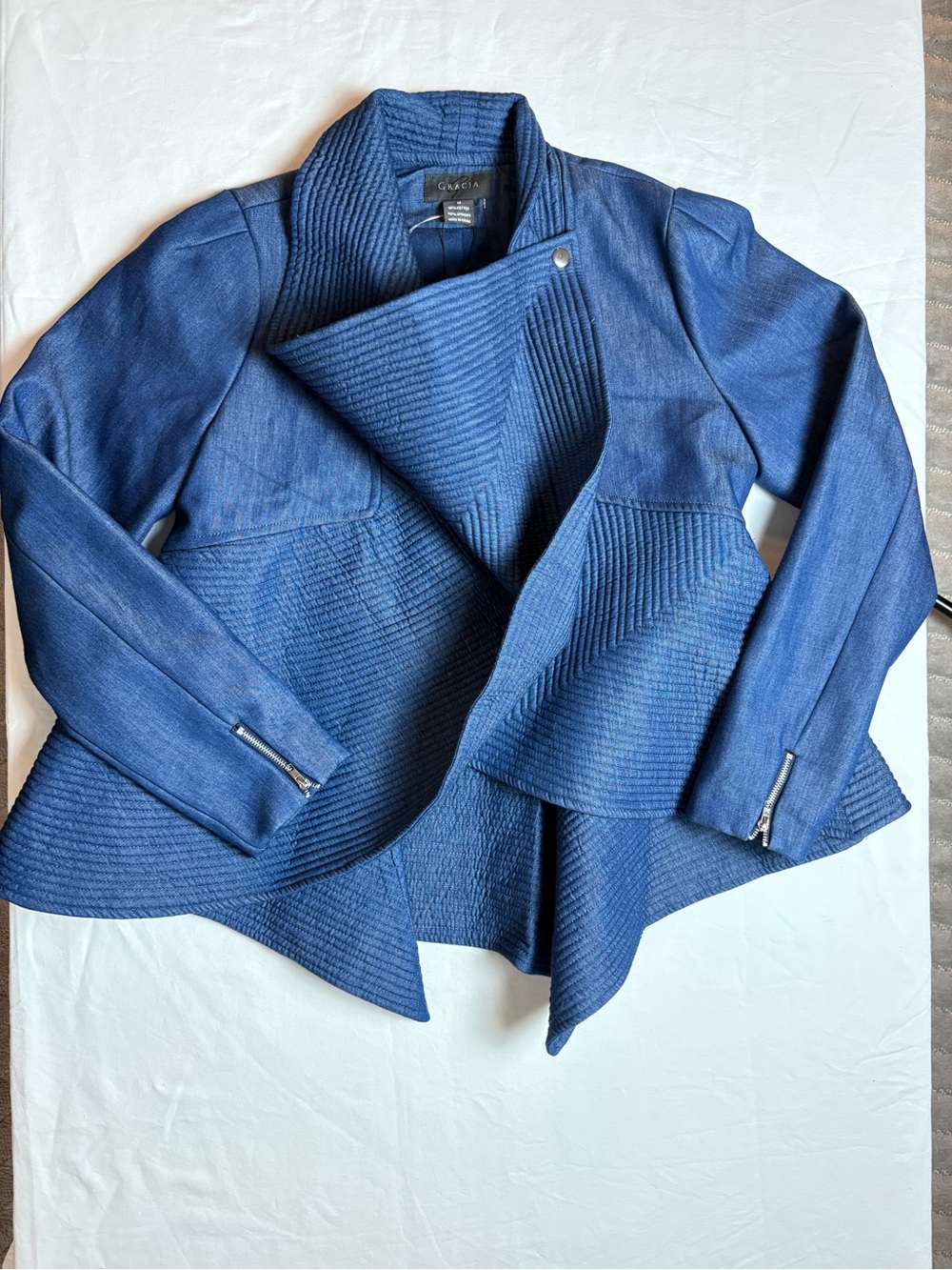 Gracia Designer Asymmetrical Jacket | Sculptural Blue Statement Blazer | Size M - Picture 2 of 14